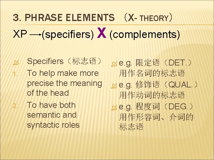 3. PHRASE ELEMENTS （X- THEORY） XP 1. 2. (specifiers) X (complements) Specifiers（标志语） To help