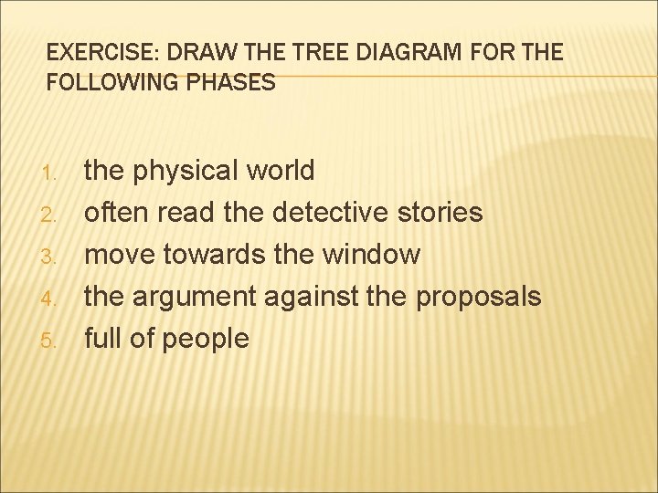 EXERCISE: DRAW THE TREE DIAGRAM FOR THE FOLLOWING PHASES 1. 2. 3. 4. 5.