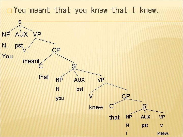 � You meant that you knew that I knew. S NP AUX VP N.