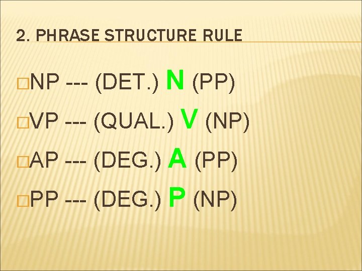 2. PHRASE STRUCTURE RULE �NP --- (DET. ) N (PP) �VP --- (QUAL. )