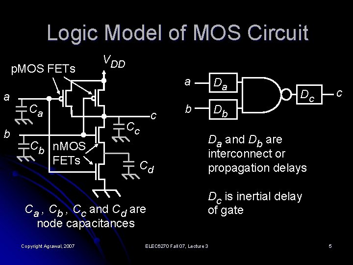 Logic Model of MOS Circuit p. MOS FETs a b VDD Ca c Cc