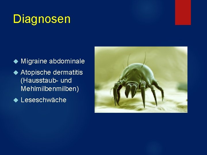 Diagnosen Migraine abdominale Atopische dermatitis (Hausstaub- und Mehlmilben) Leseschwäche 