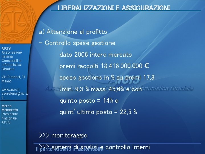 LIBERALIZZAZIONI E ASSICURAZIONI a) Attenzione al profitto - Controllo spese gestione AICIS Associazione Italiana
