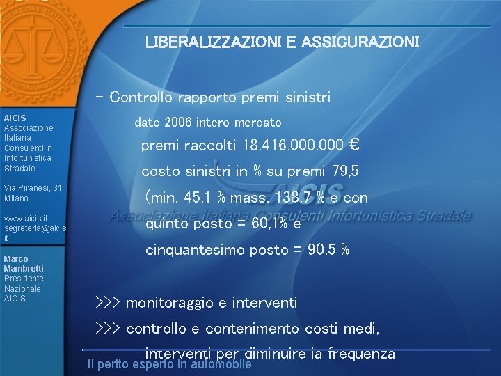 LIBERALIZZAZIONI E ASSICURAZIONI - Controllo rapporto premi sinistri AICIS Associazione Italiana Consulenti in Infortunistica