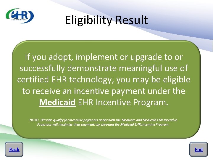 Eligibility Result If you adopt, implement or upgrade to or successfully demonstrate meaningful use