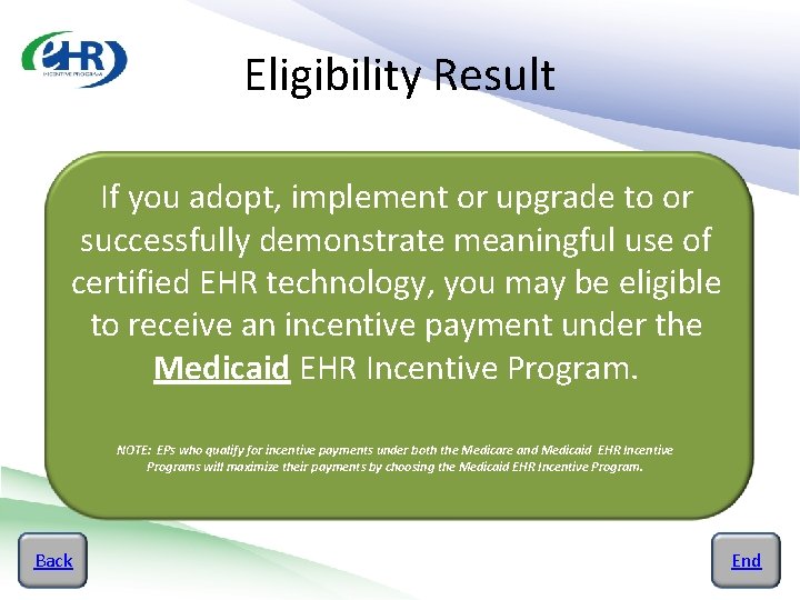 Eligibility Result If you adopt, implement or upgrade to or successfully demonstrate meaningful use