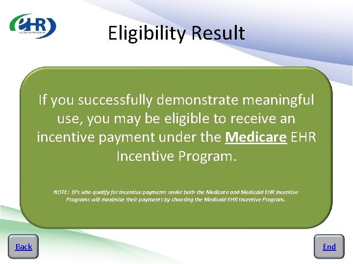 Eligibility Result If you successfully demonstrate meaningful use, you may be eligible to receive