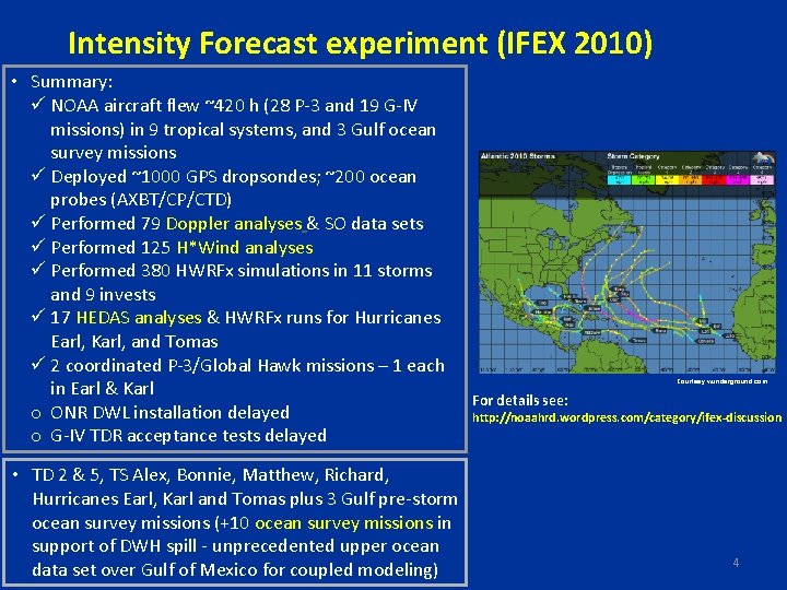 Intensity Forecast experiment (IFEX 2010) • Summary: ü NOAA aircraft flew ~420 h (28