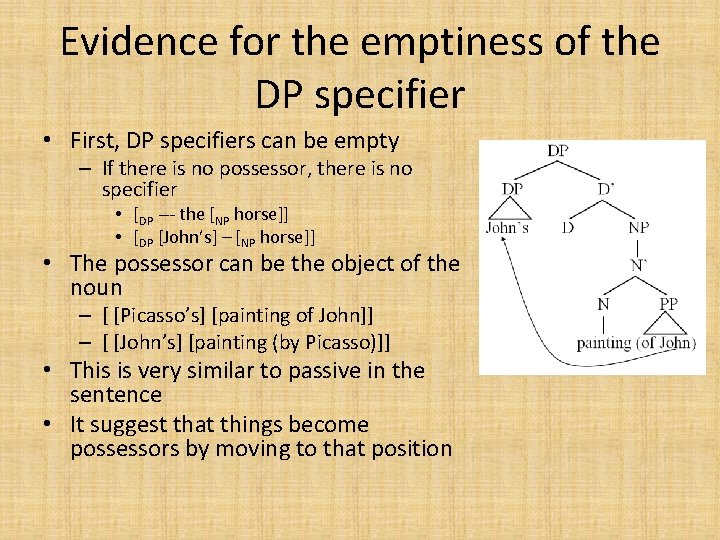 Evidence for the emptiness of the DP specifier • First, DP specifiers can be Evidence for the emptiness of the DP specifier • First, DP specifiers can be