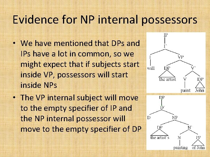 Evidence for NP internal possessors • We have mentioned that DPs and IPs have Evidence for NP internal possessors • We have mentioned that DPs and IPs have