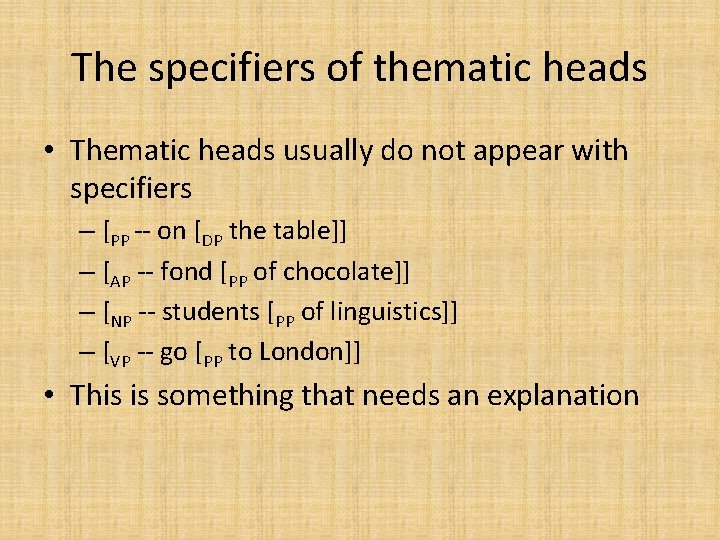 The specifiers of thematic heads • Thematic heads usually do not appear with specifiers The specifiers of thematic heads • Thematic heads usually do not appear with specifiers