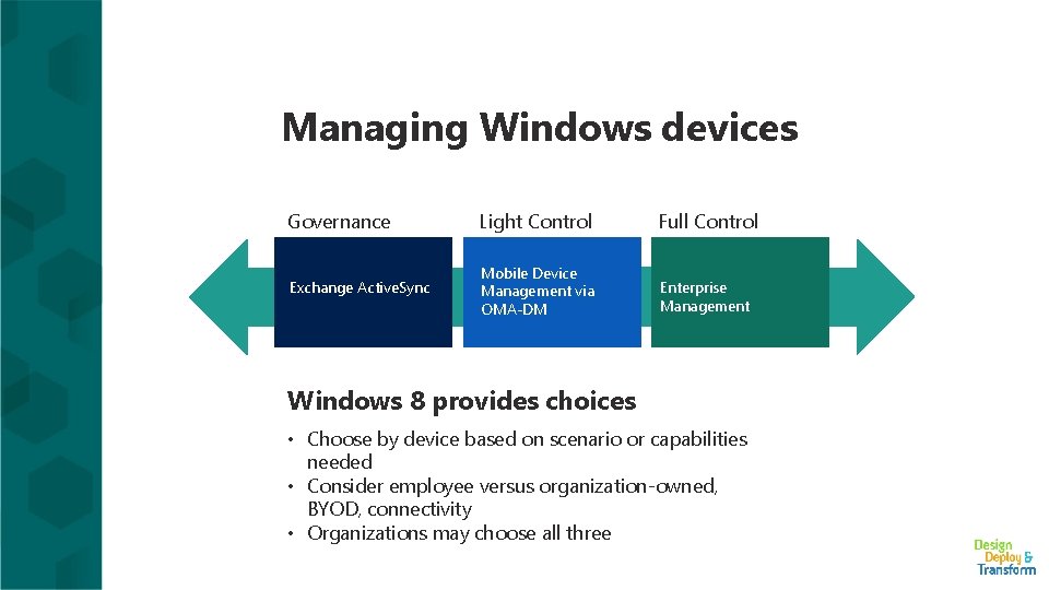 Managing Windows devices Governance Light Control Full Control Exchange Active. Sync Mobile Device Management