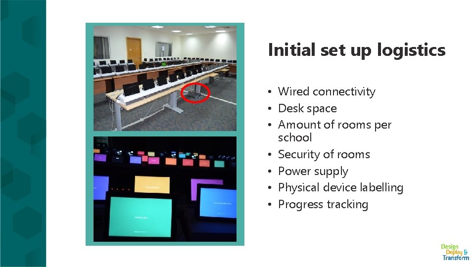 Initial set up logistics • Wired connectivity • Desk space • Amount of rooms