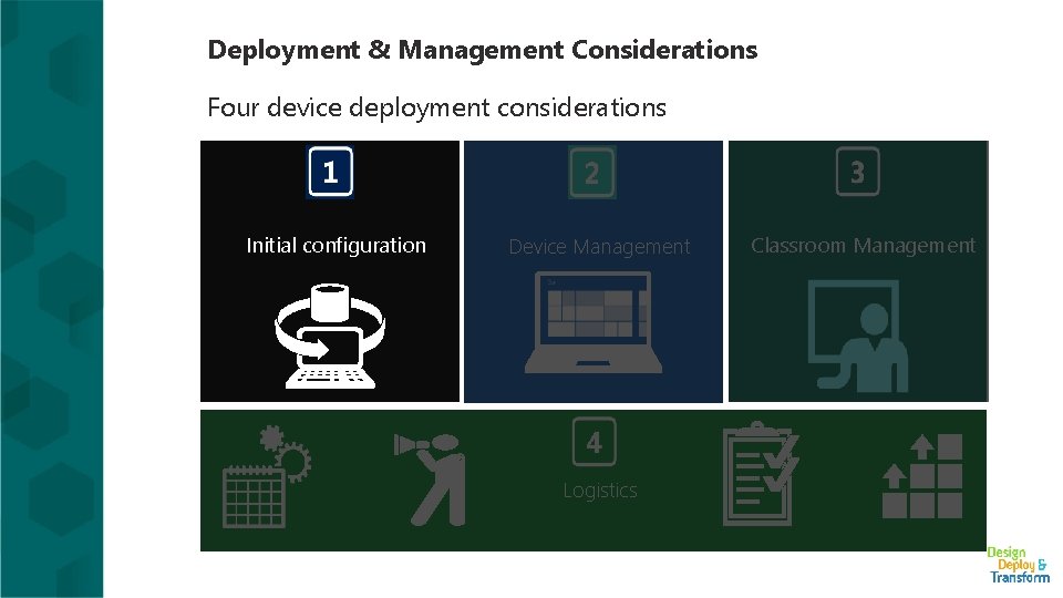 Deployment & Management Considerations Four device deployment considerations Initial configuration Device Management Logistics Classroom