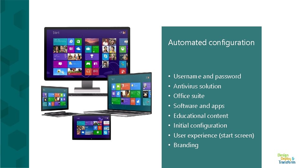 Automated configuration • Username and password • Antivirus solution • Office suite • Software