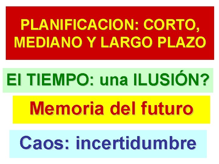 PLANIFICACION: CORTO, MEDIANO Y LARGO PLAZO El TIEMPO: una ILUSIÓN? Memoria del futuro Caos: