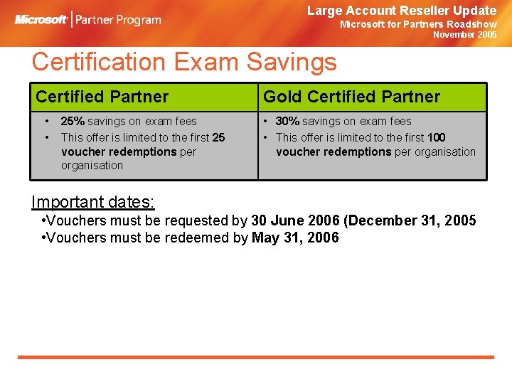 Large Account Reseller Update Microsoft for Partners Roadshow November 2005 Certification Exam Savings Certified