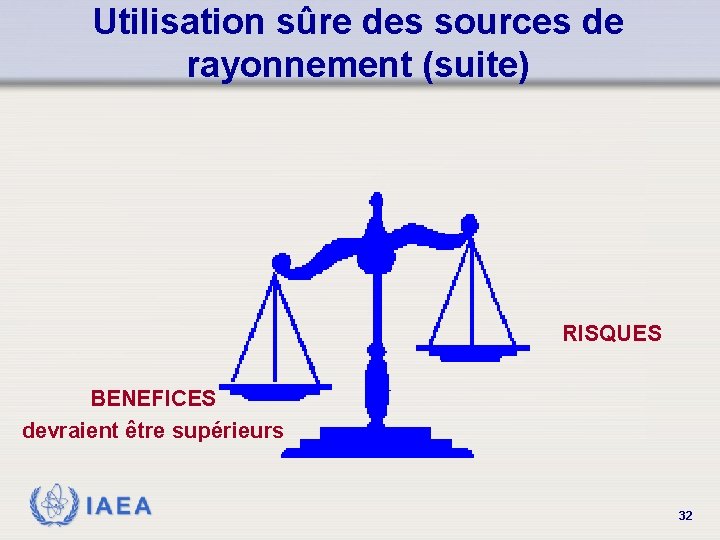 Utilisation sûre des sources de rayonnement (suite) RISQUES BENEFICES devraient être supérieurs IAEA 32