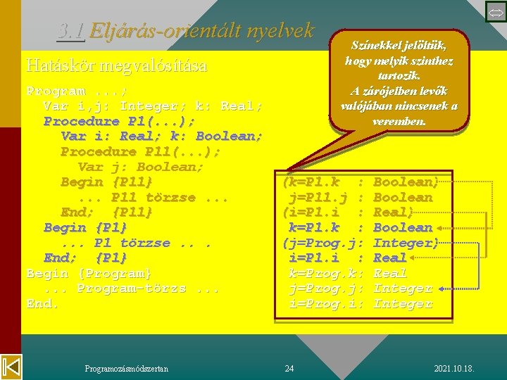 3. 1 Eljárás-orientált nyelvek Hatáskör megvalósítása Program. . . ; Var i, j: Integer;