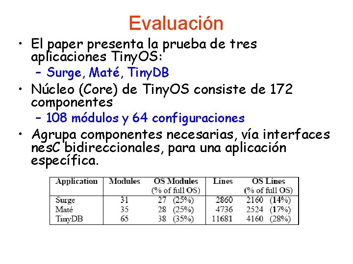 Evaluación • El paper presenta la prueba de tres aplicaciones Tiny. OS: – Surge,