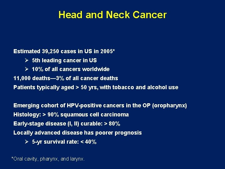 Head and Neck Cancer Estimated 39, 250 cases in US in 2005* Ø 5