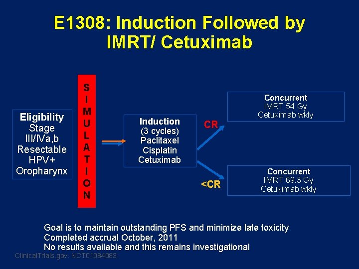 E 1308: Induction Followed by IMRT/ Cetuximab Eligibility Stage III/IVa, b Resectable HPV+ Oropharynx