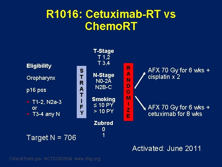 R 1016: Cetuximab-RT vs Chemo. RT Eligibility Oropharynx p 16 pos § T 1