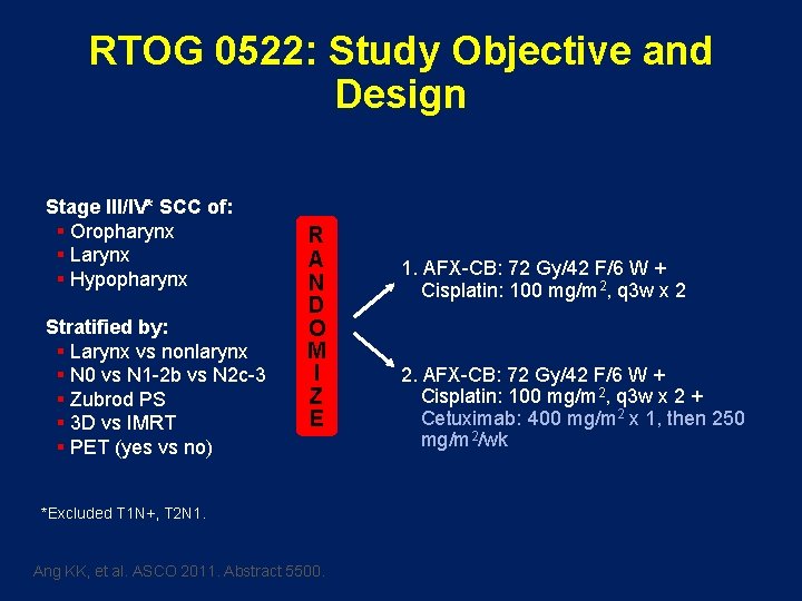 RTOG 0522: Study Objective and Design Stage III/IV* SCC of: § Oropharynx § Larynx