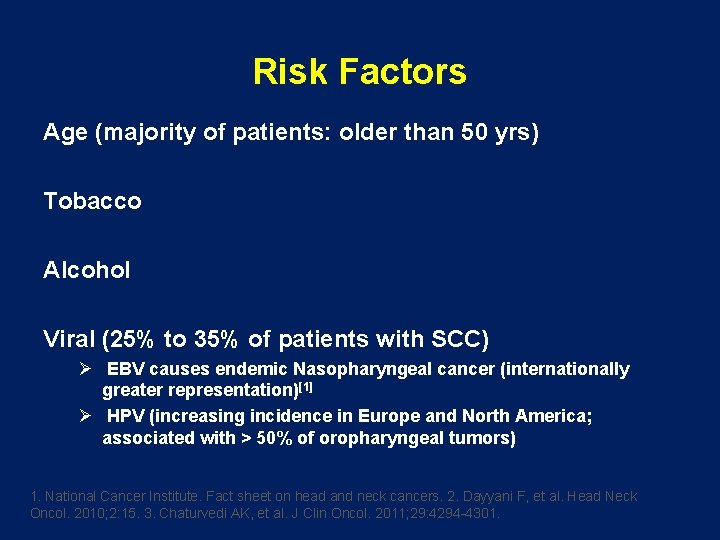 Risk Factors Age (majority of patients: older than 50 yrs) Tobacco Alcohol Viral (25%