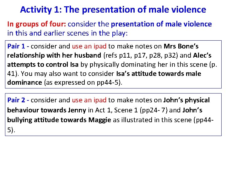 Activity 1: The presentation of male violence In groups of four: consider the presentation