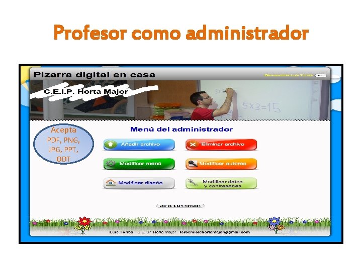 Profesor como administrador Acepta PDF, PNG, JPG, PPT, ODT 