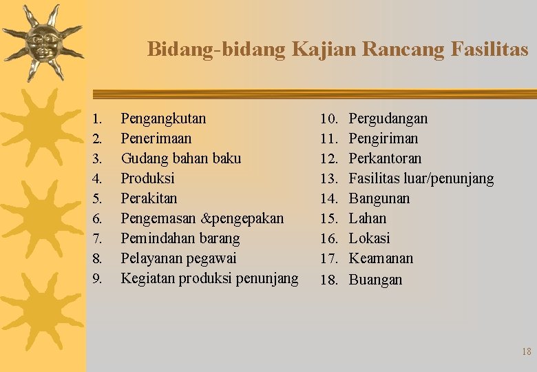 Bidang-bidang Kajian Rancang Fasilitas 1. 2. 3. 4. 5. 6. 7. 8. 9. Pengangkutan