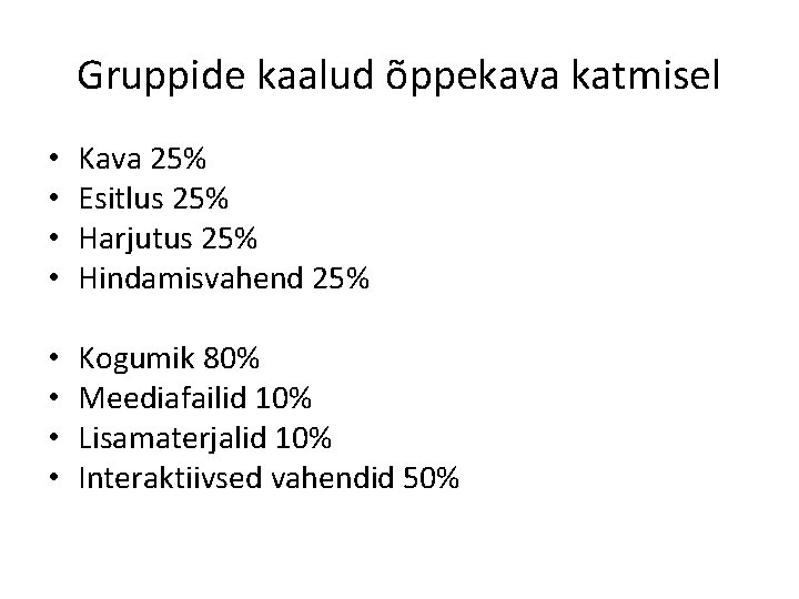 Gruppide kaalud õppekava katmisel • • Kava 25% Esitlus 25% Harjutus 25% Hindamisvahend 25%