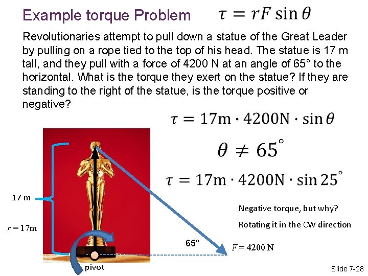 Example torque Problem Revolutionaries attempt to pull down a statue of the Great Leader