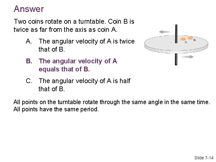 Answer Two coins rotate on a turntable. Coin B is twice as far from