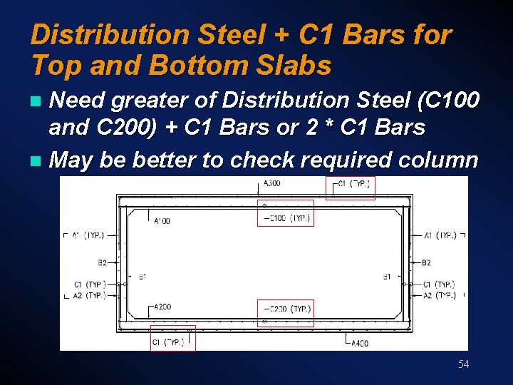 Distribution Steel + C 1 Bars for Top and Bottom Slabs Need greater of