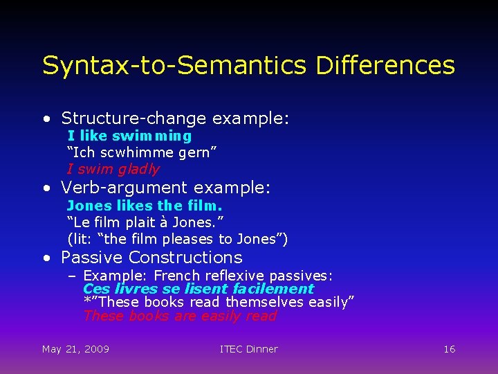 Syntax-to-Semantics Differences • Structure-change example: I like swimming “Ich scwhimme gern” I swim gladly