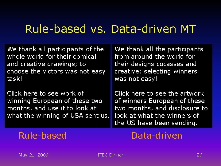 Rule-based vs. Data-driven MT We thank all participants of the whole world for their