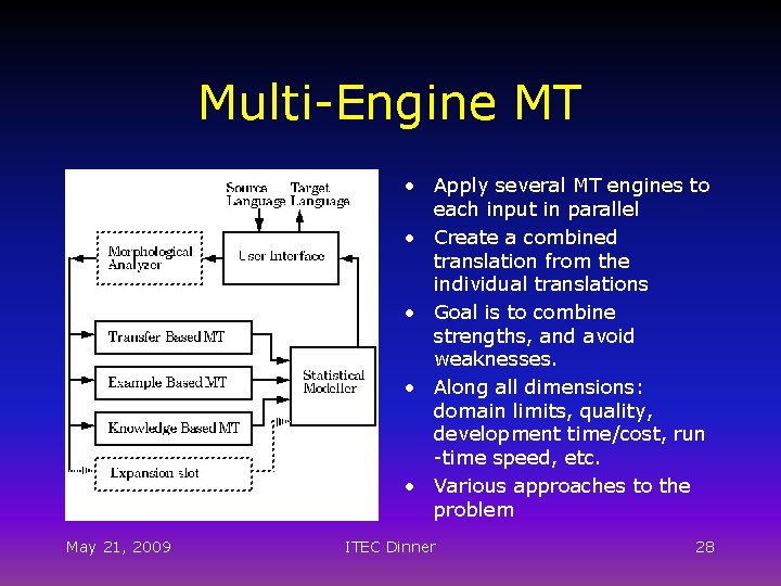 Multi-Engine MT • Apply several MT engines to each input in parallel • Create