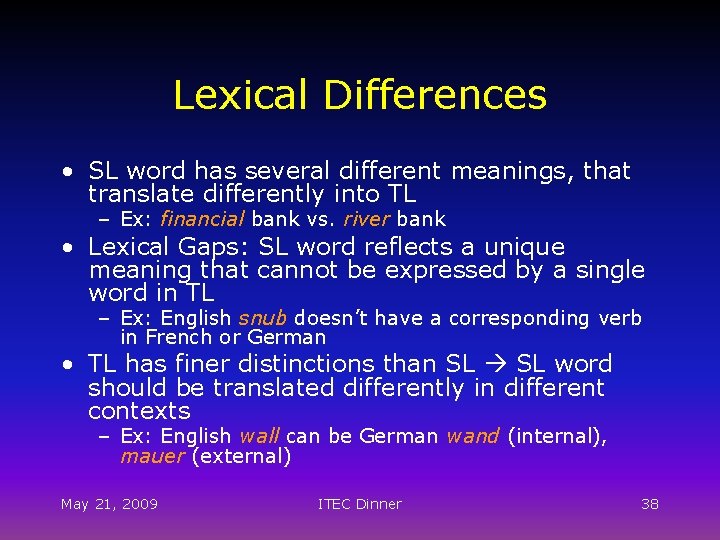 Lexical Differences • SL word has several different meanings, that translate differently into TL