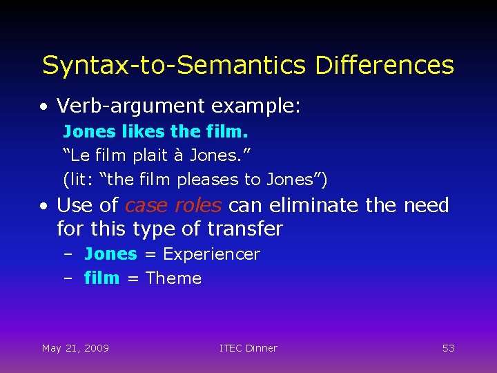 Syntax-to-Semantics Differences • Verb-argument example: Jones likes the film. “Le film plait à Jones.