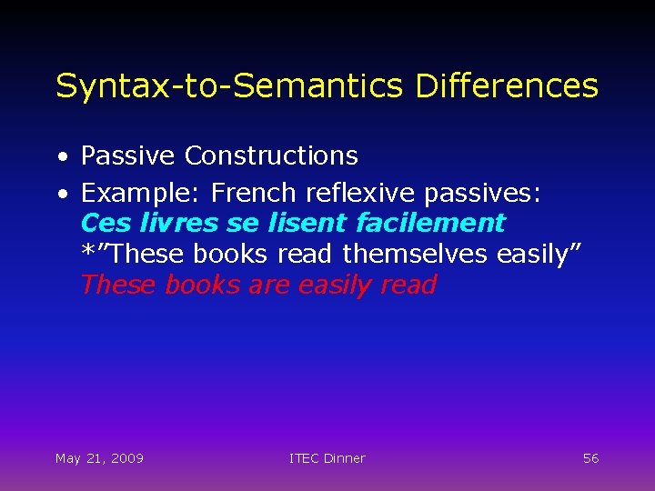 Syntax-to-Semantics Differences • Passive Constructions • Example: French reflexive passives: Ces livres se lisent