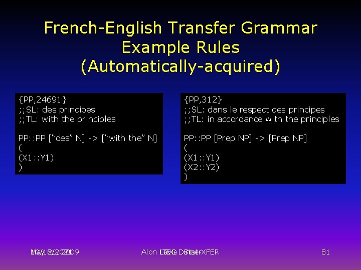 French-English Transfer Grammar Example Rules (Automatically-acquired) {PP, 24691} ; ; SL: des principes ;