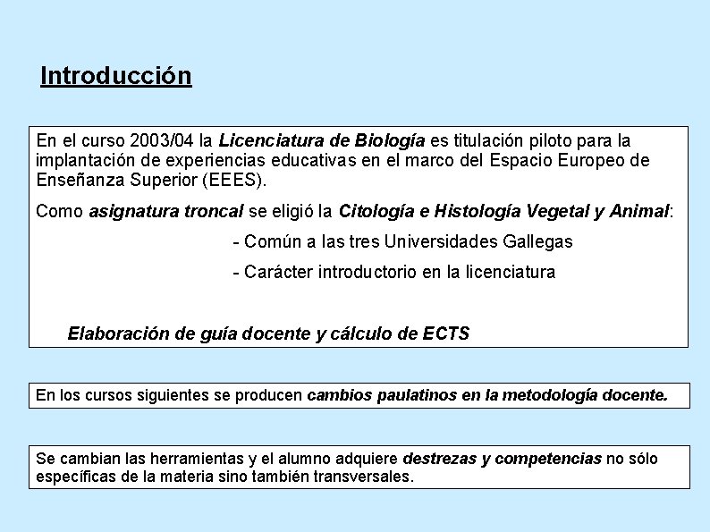Introducción En el curso 2003/04 la Licenciatura de Biología es titulación piloto para la
