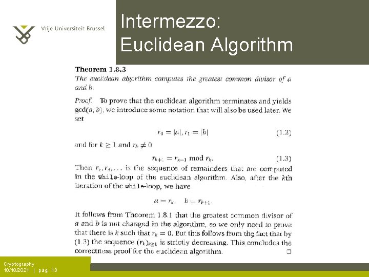 Intermezzo: Euclidean Algorithm Cryptography 10/18/2021 | pag. 13 