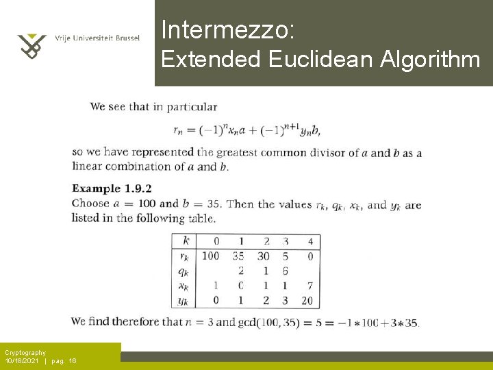 Intermezzo: Extended Euclidean Algorithm Cryptography 10/18/2021 | pag. 16 