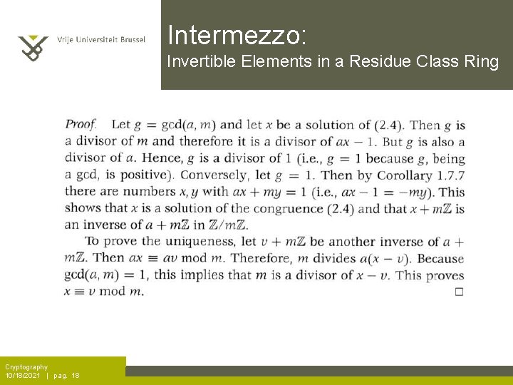 Intermezzo: Invertible Elements in a Residue Class Ring Cryptography 10/18/2021 | pag. 18 