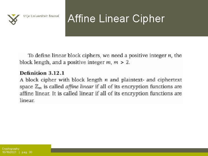 Affine Linear Cipher Cryptography 10/18/2021 | pag. 30 