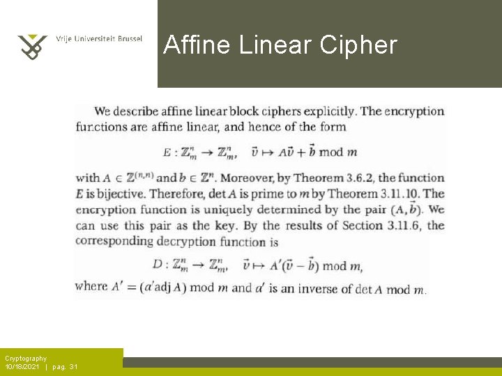 Affine Linear Cipher Cryptography 10/18/2021 | pag. 31 