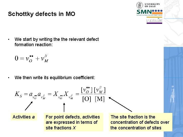 Schottky defects in MO • We start by writing the relevant defect formation reaction:
